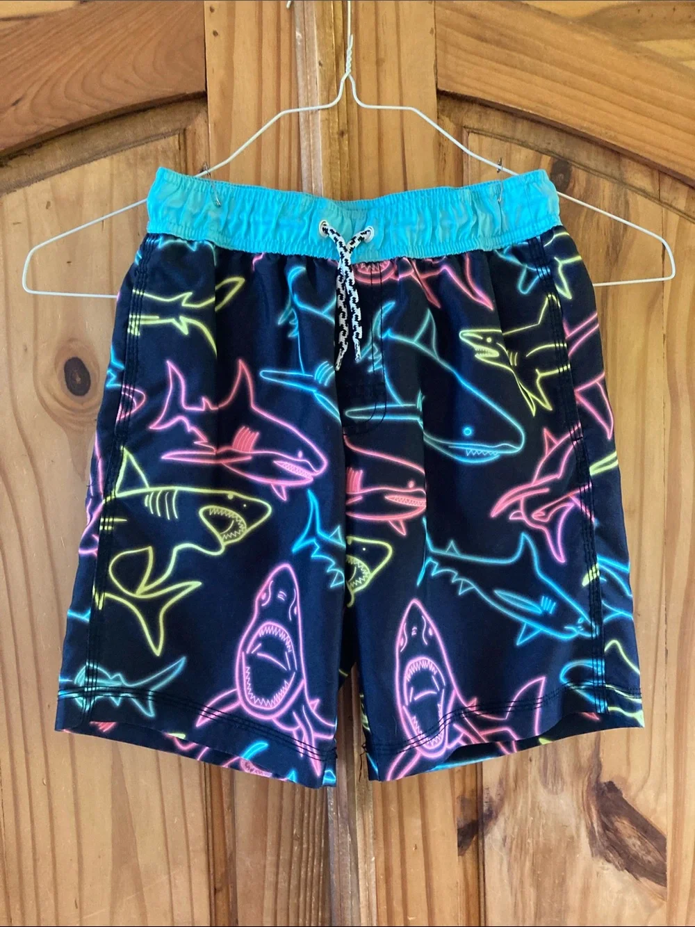 Boys Gymboree neon pink blue sharks swim shorts size M (7/8)